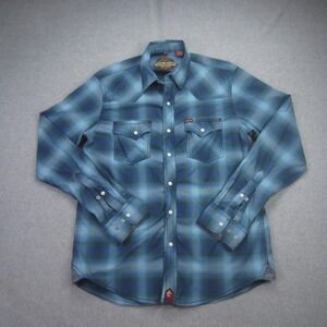 Rafter C Shirt Mens Medium Blue Plaid‎ Western Pearl Snap Stretch Red Dirt
